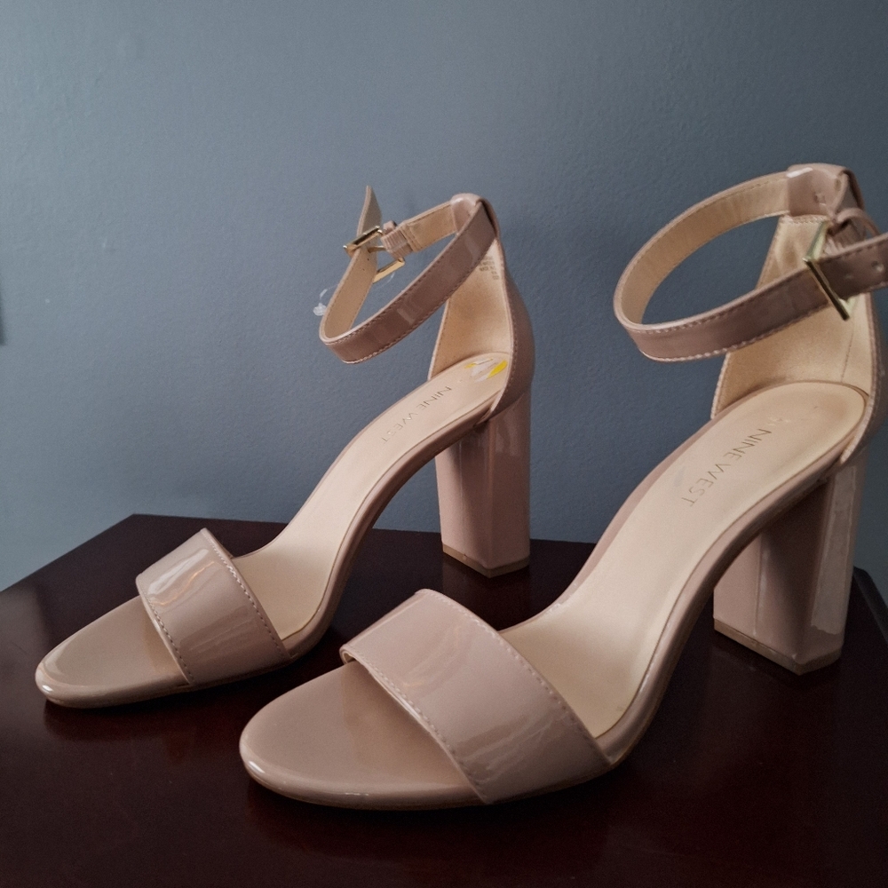 NWOT Patent Tan Wedge Heel Sandals with Adjustable Ankle Strap